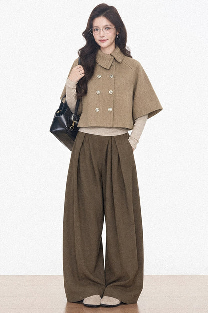 Double-Breasted Cape Coat and Wide-Leg Pants Set-Up