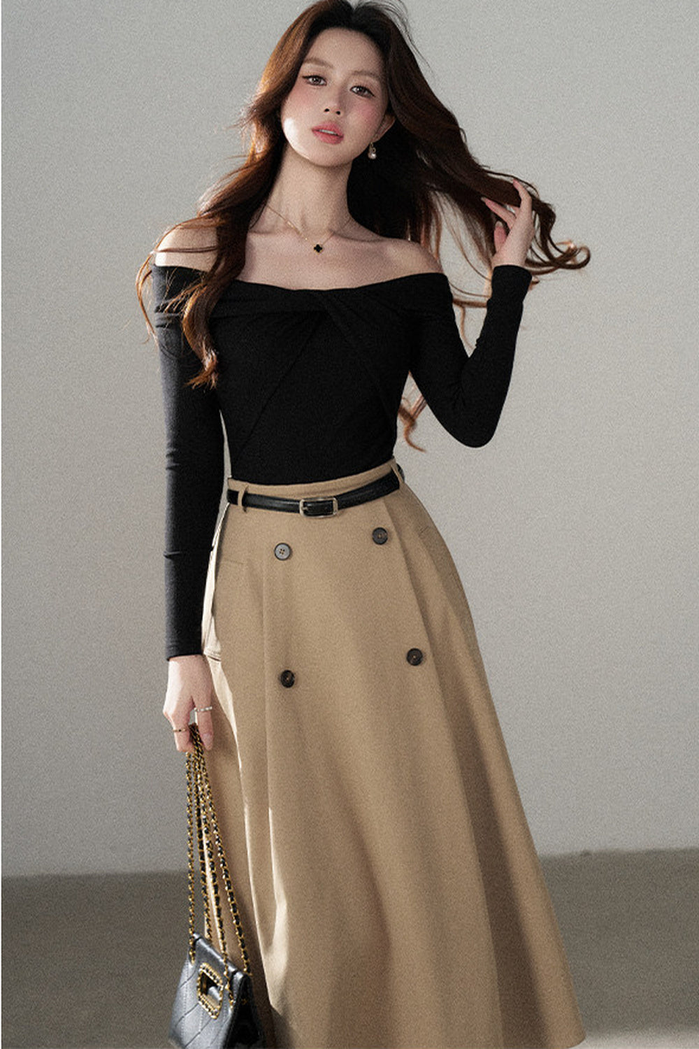Knot Off-Shoulder Knit Pullover Top and Khaki Skirt Set-Up