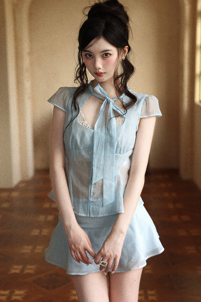 Light Blue Double Layer Chiffon Ruffle Skirt