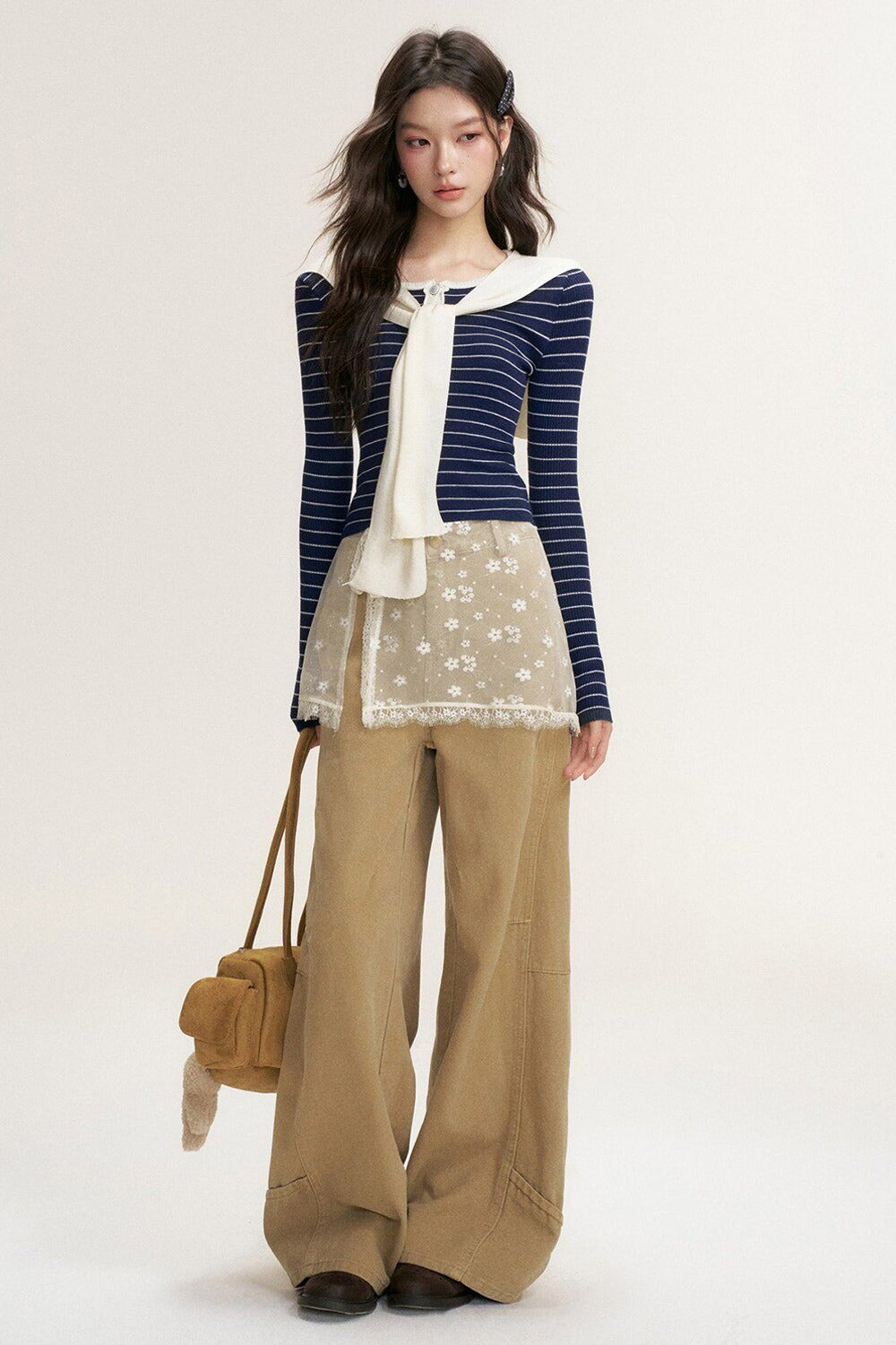 Striped Shawl Collar Long Sleeve Knit Sweater