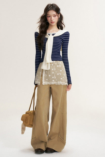 Striped Shawl Collar Long Sleeve Knit Sweater