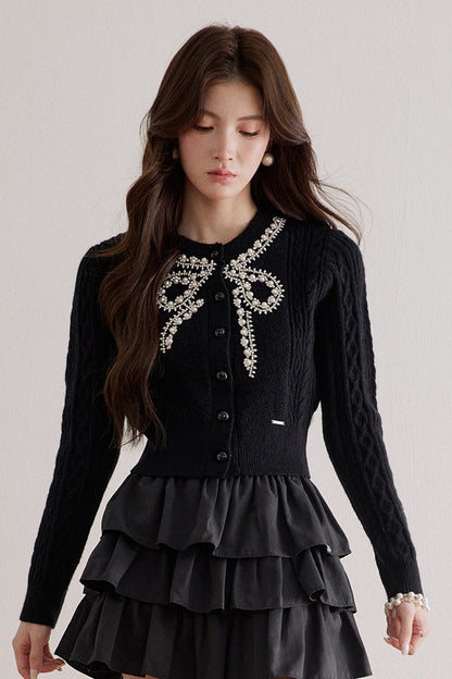 Rhinestone Pearl Bow Merino Cardigan Top