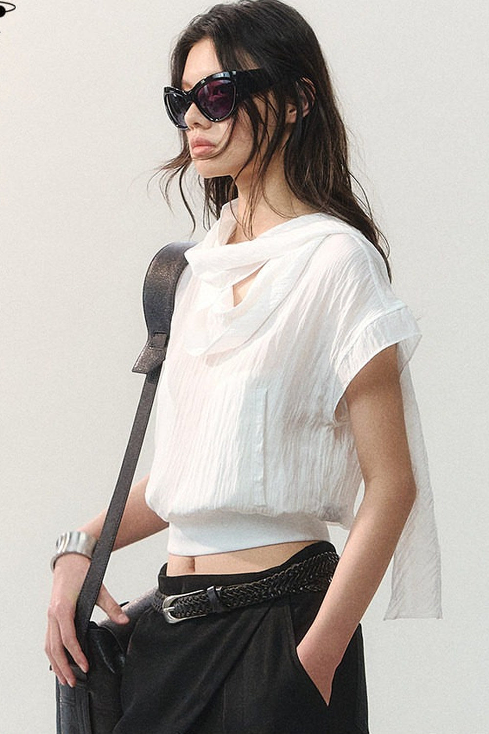 Drape Collar Short Sleeve Shirt With Tie