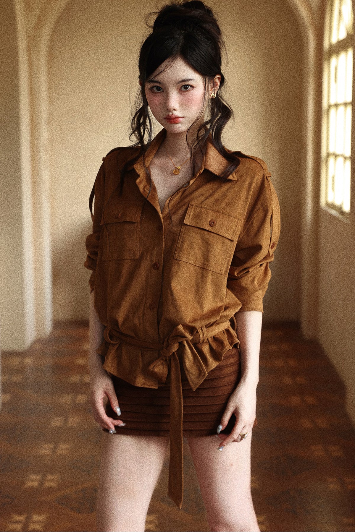 Vintage Lapel Waist-Tie Pleated Hem Work Shirt