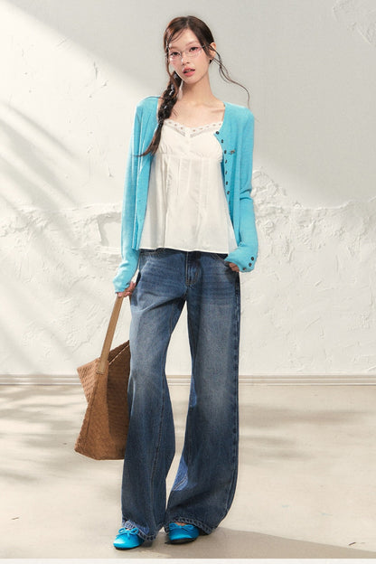 Yellow Long-Sleeve Knit Cardigan Set with Camisole and Pants Set-Up