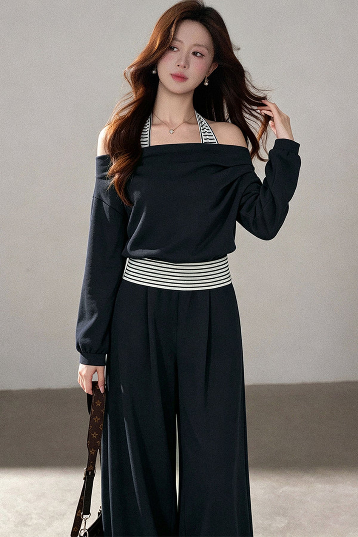 One-Shoulder Striped Sweatshirt and Wide-Leg Pants Set-Up