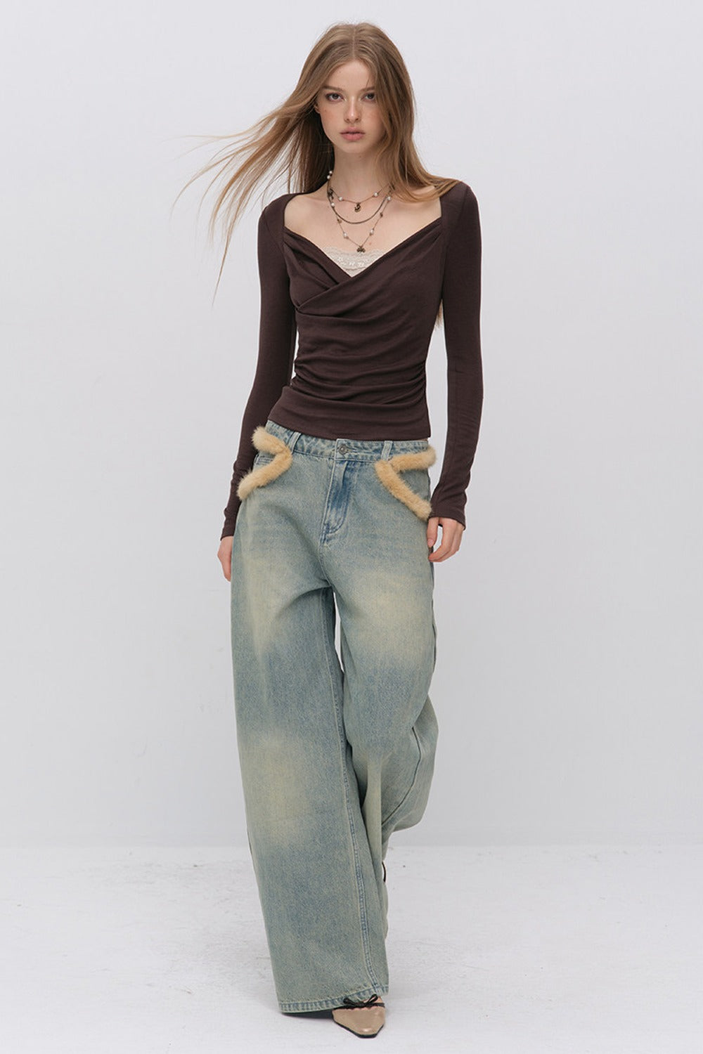 Fur Patch Wide-Leg Jeans