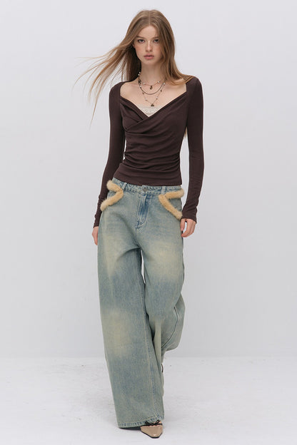 Fur Patch Wide-Leg Jeans