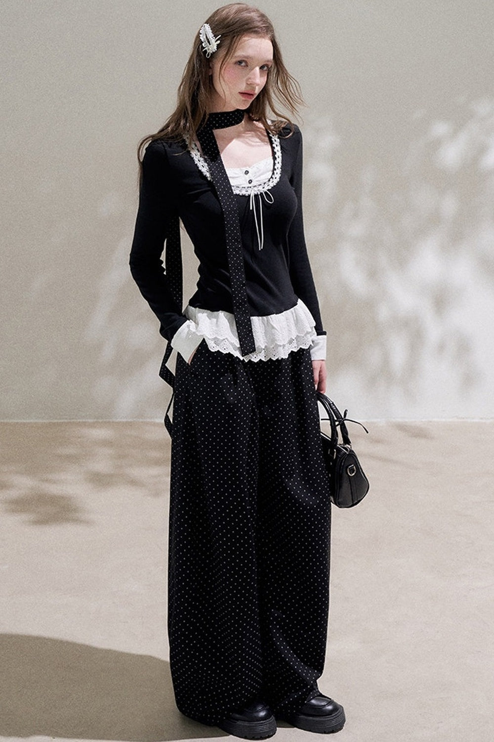 High-Waisted Polka Dot Wide-Leg Pants