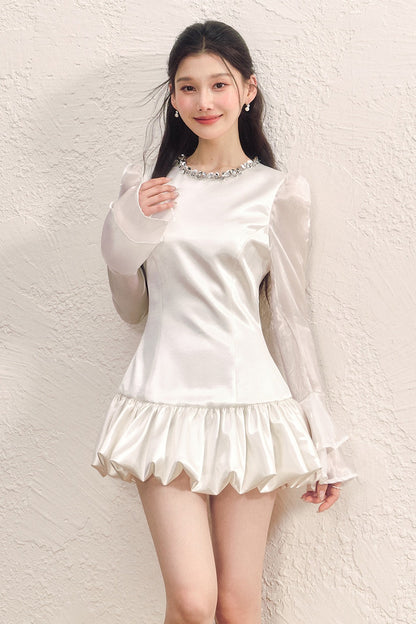 Pearl White Satin Long-Sleeved Flower Bud Dress