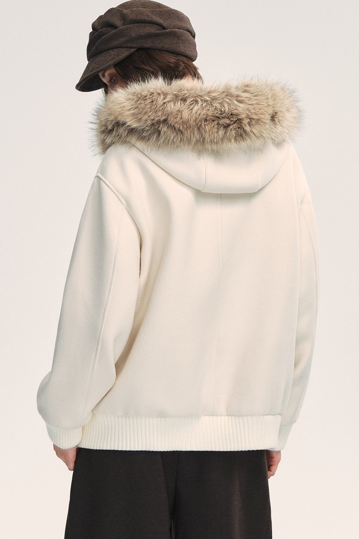 White Wool Hooded Large Fur Collar Jacket