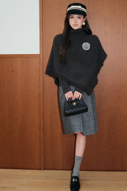 Tassel Cape Shawl Sweater and Skirt Set