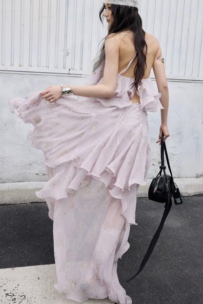 Conjunto retro de top halter con volantes en rosa melocotón