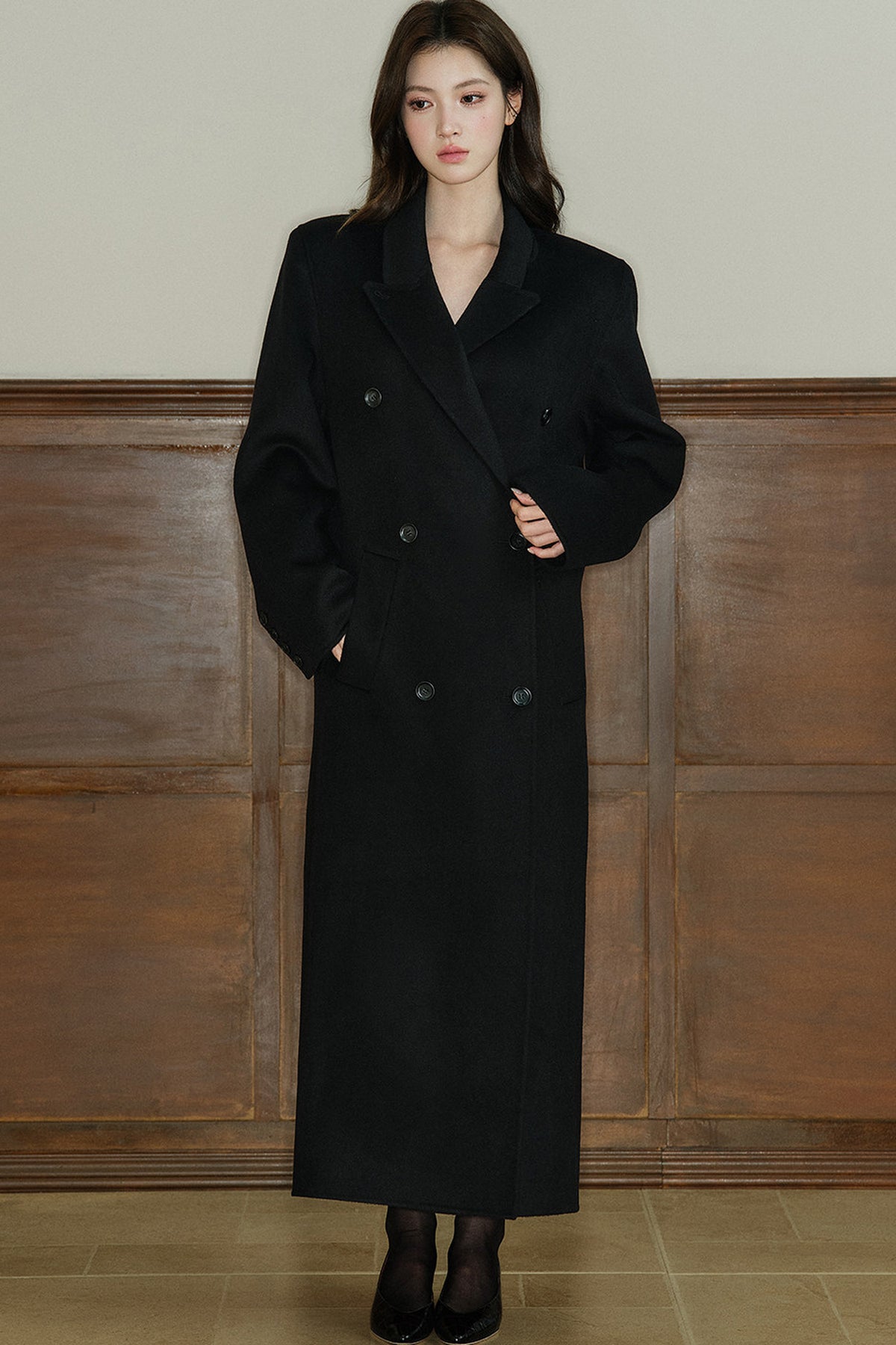 Double Breasted Notch Lapel Long Wool Coat