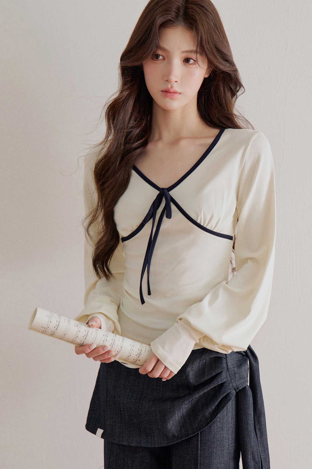 Lyocell V-Neck Tie Long-Sleeve T-Shirt