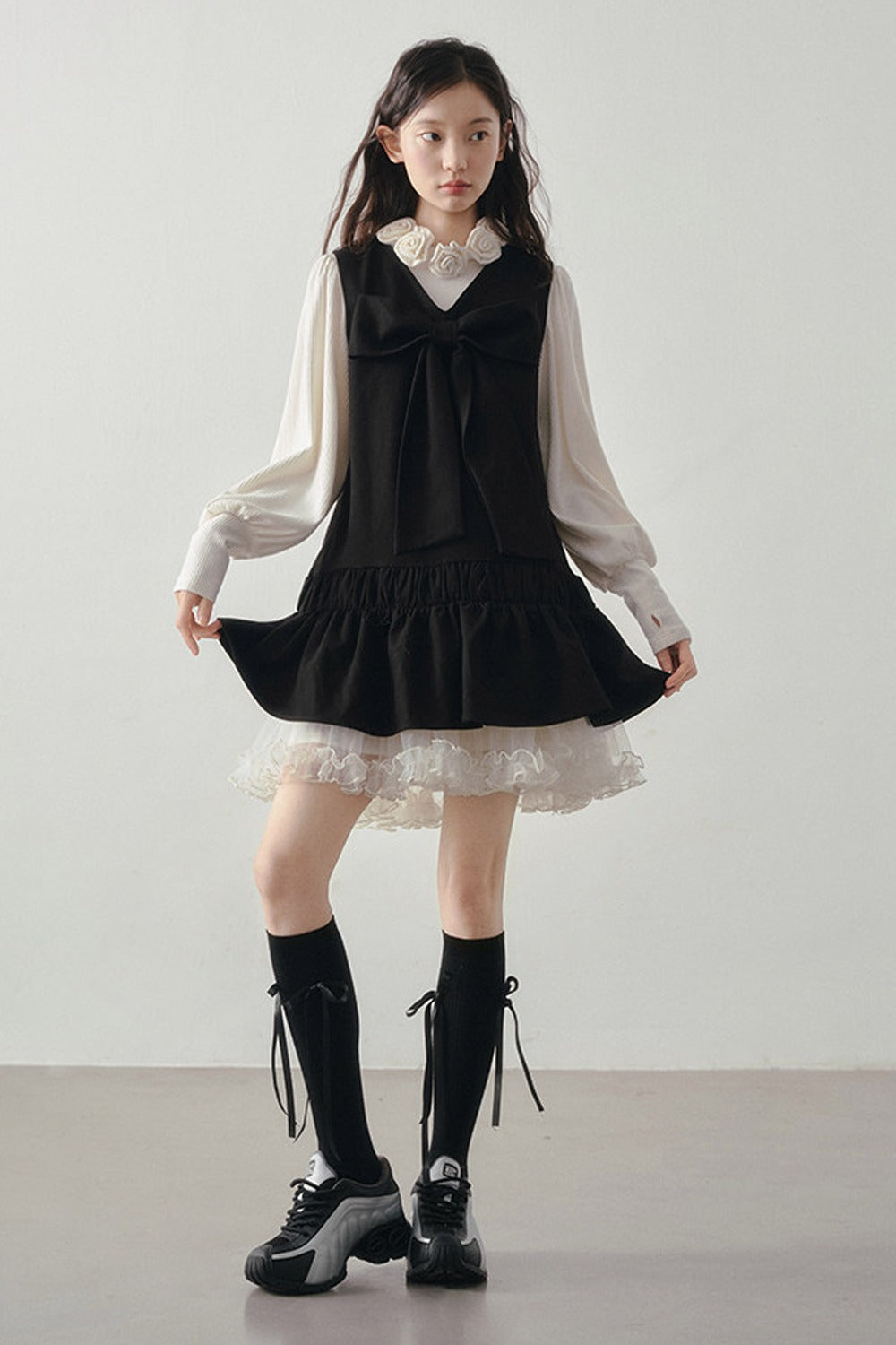 Bow Decorated Ruffle Dress