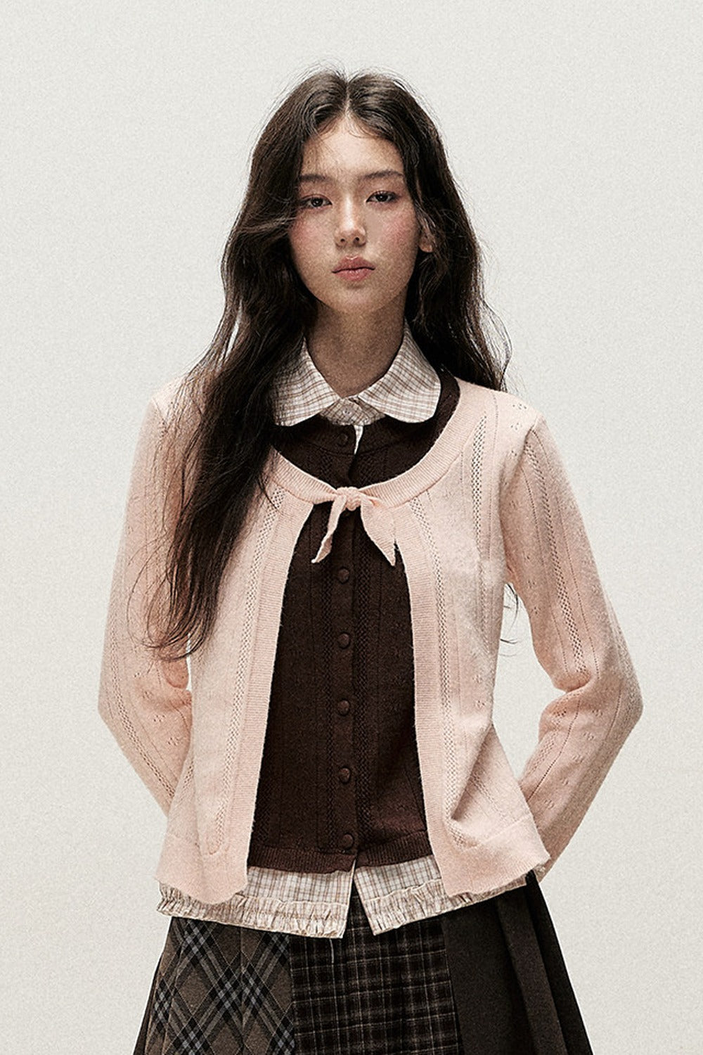 Plaid Collar Layered-Look Knit Top