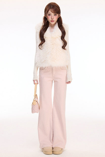 Woolen Mesh Ruffle Skirt and Furry Vest Set-Up
