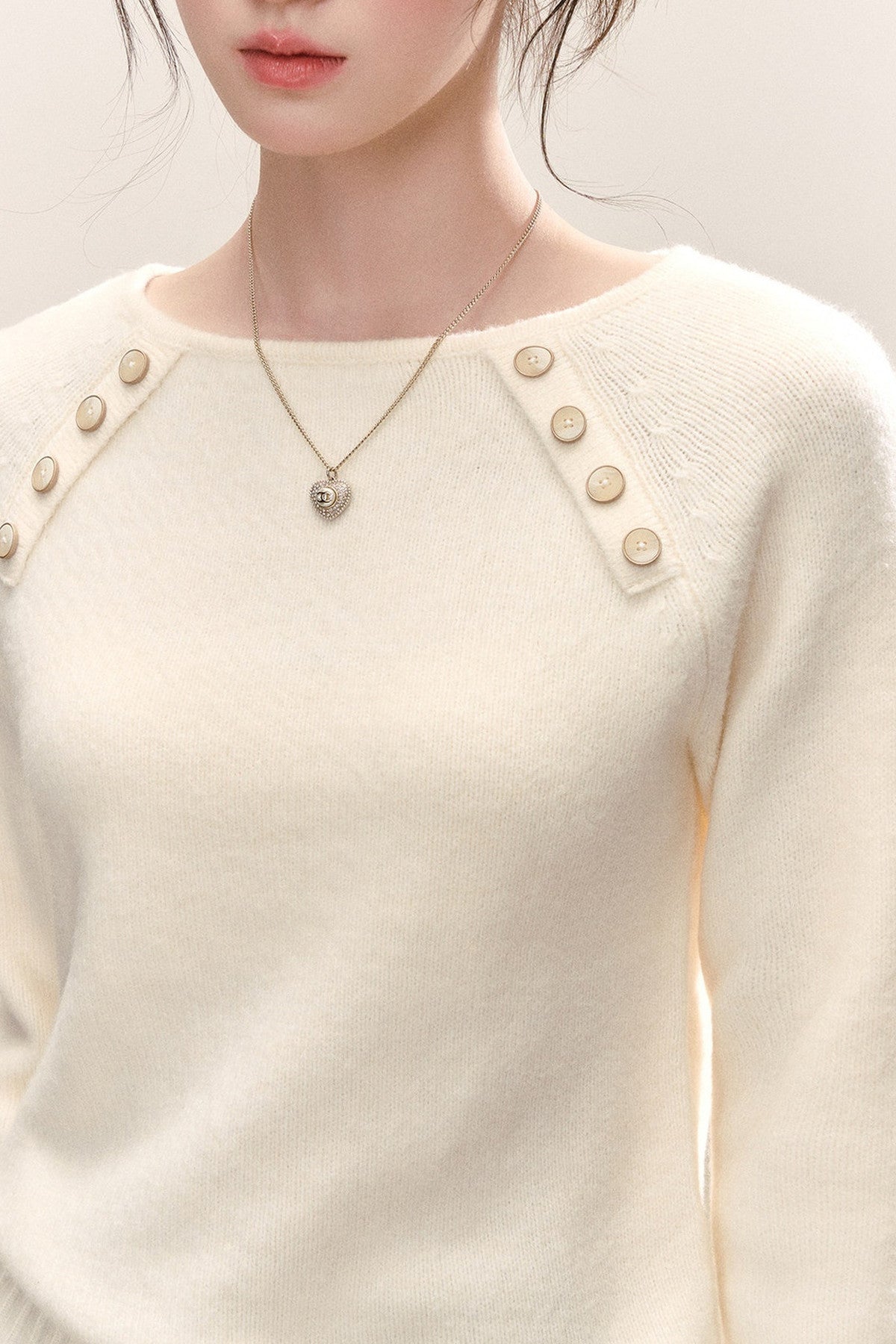 Diagonal Button Round Neck Knit Sweater