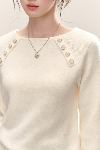 Diagonal Button Round Neck Knit Sweater