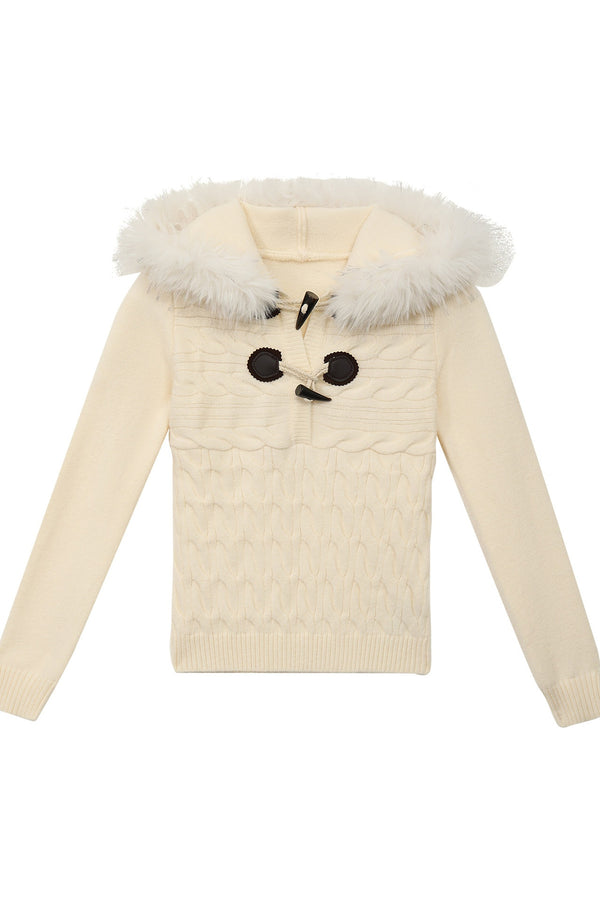 Fur Collar Cable Knit Toggle Sweater