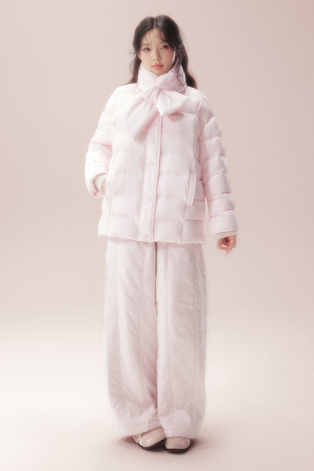 Bow-Knot Scarf Mid-Length Down Jacket