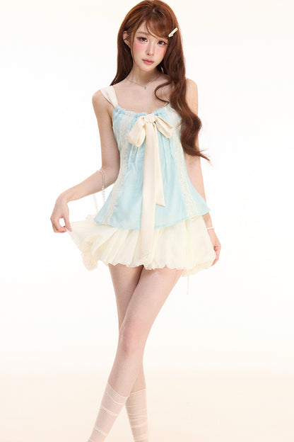 Satin Bow Lace Camisole and Flower Bud Skirt Set-Up