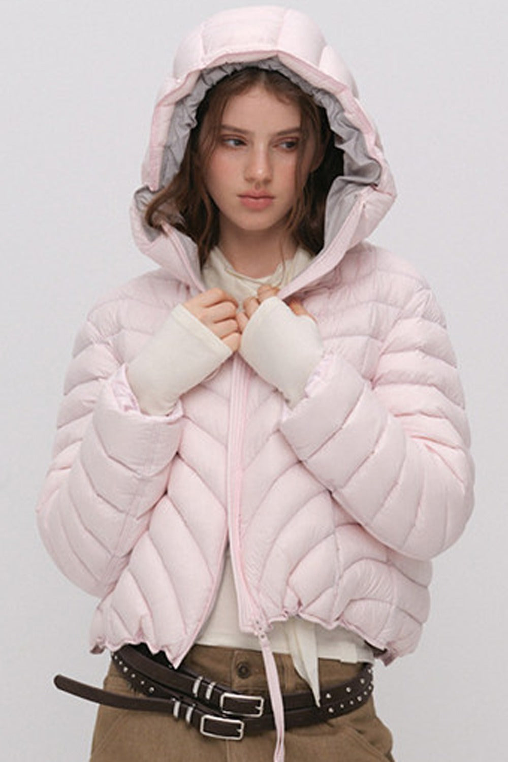3D Quilted Drawstring Hooded Down Jacket