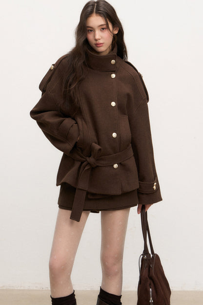 Stand-Collar Lace-Up Coat and Skirt Set-Up