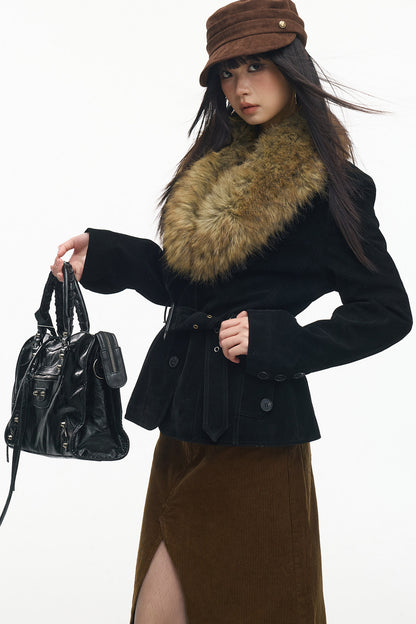 Belted Suede Fur Collar Jacket