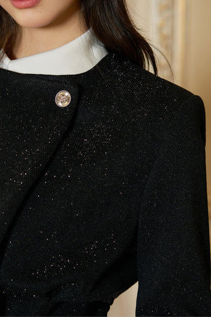 Black Shiny Waist-Cinching Blazer and Shorts Set-Up