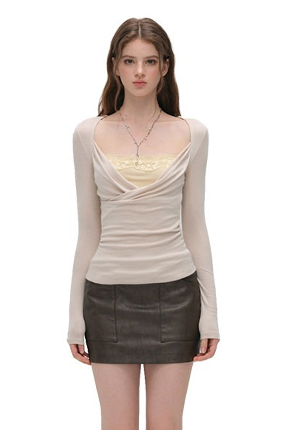 Layered-Look Pleated Tencel Base Layer Top