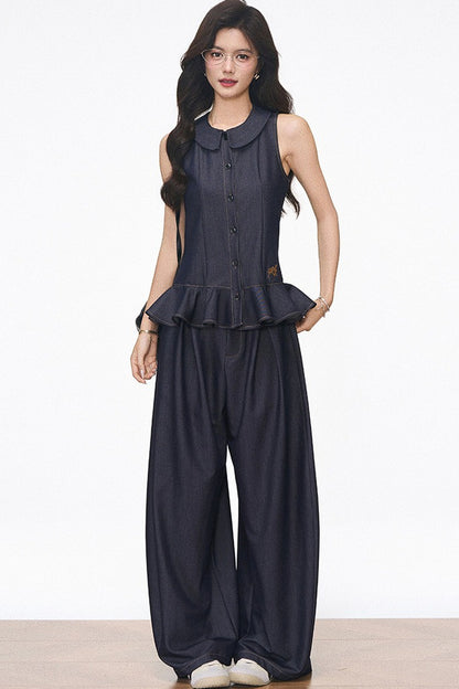 Doll Collar Faux Denim Set-Up