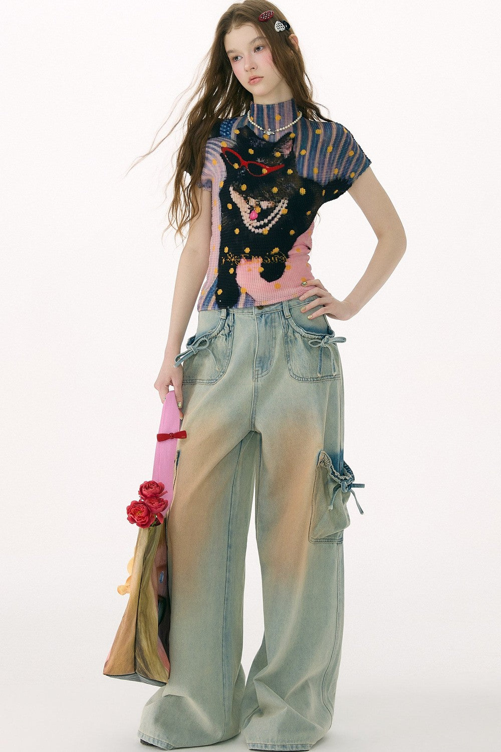 Pleated Cat Print Blouse
