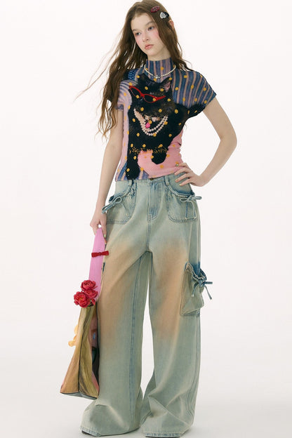 Pleated Cat Print Blouse