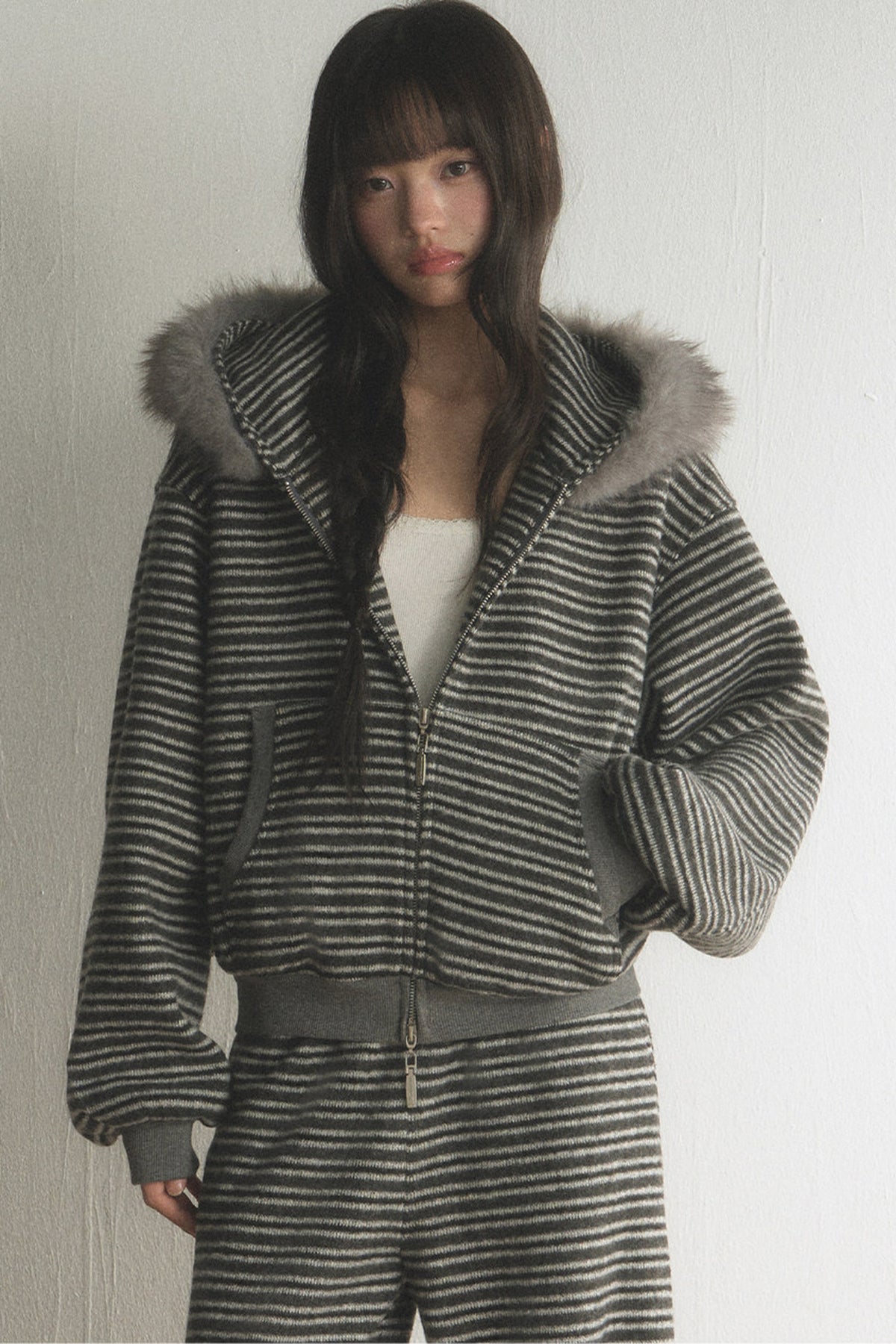 Striped Fur Collar Hooded Top and Pants Set-Up