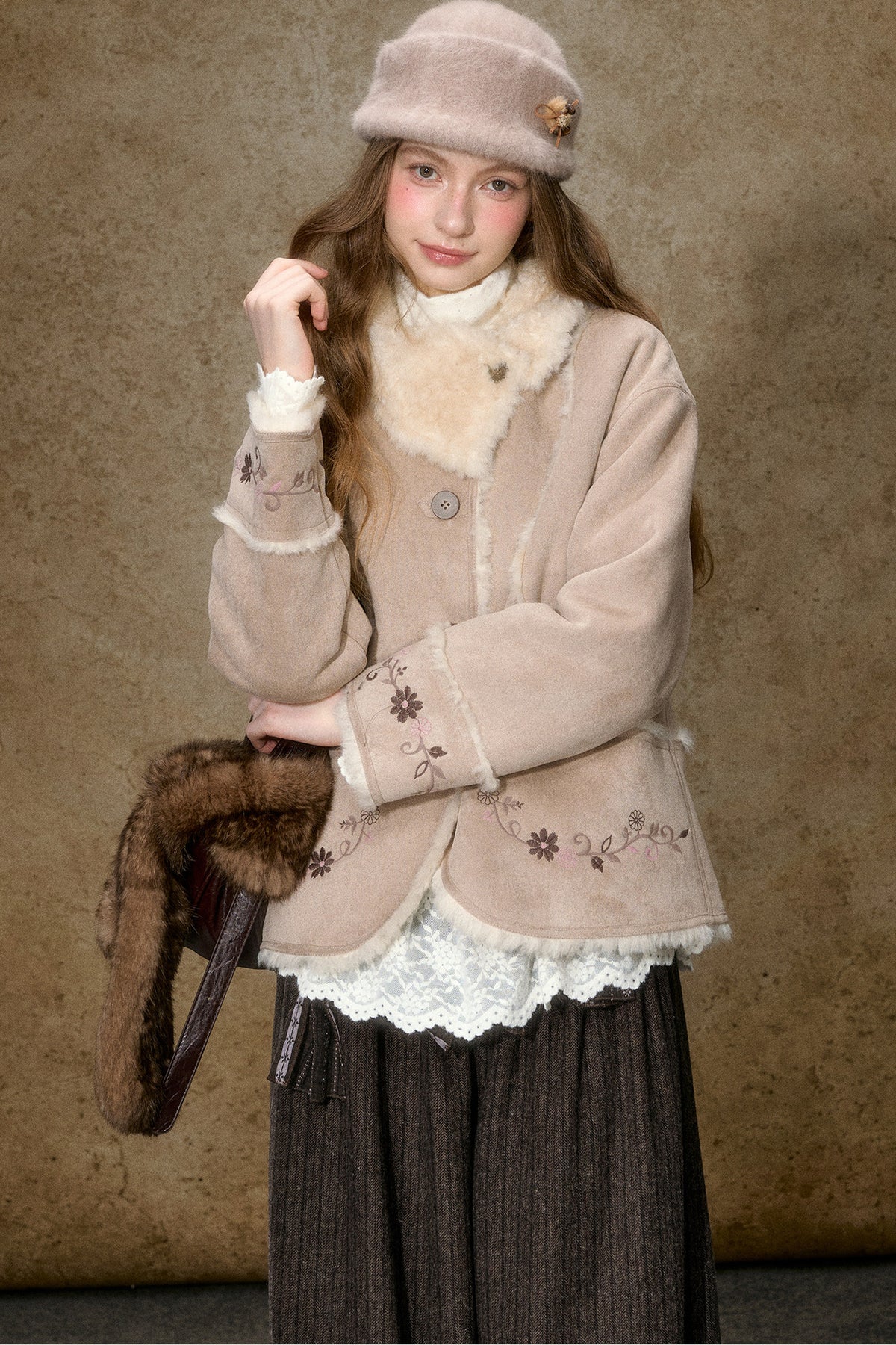 Embroidered Branch Snow Faux Suede Jacket