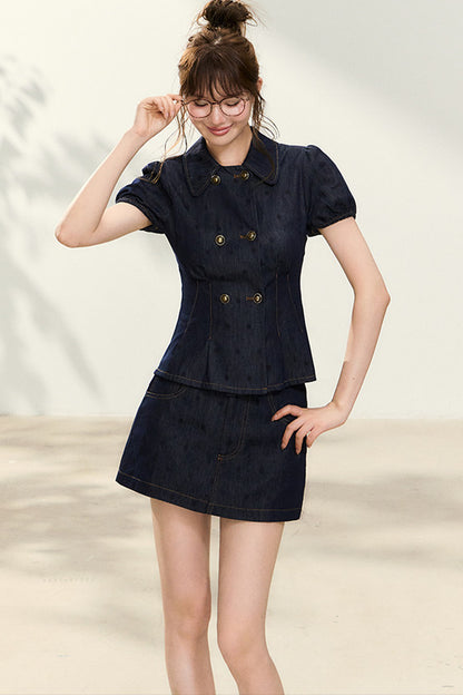 Denim Short-Sleeved Top and A-Line Skirt Set