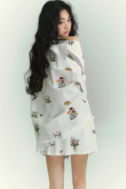 Floral lace embroidered blouse and skirt set