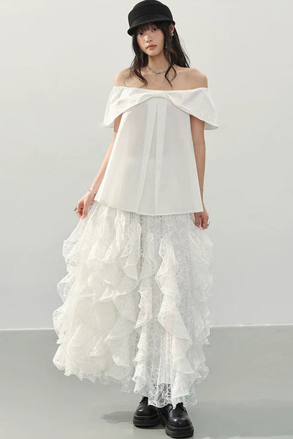 White Lace Ruffle Midi Skirt