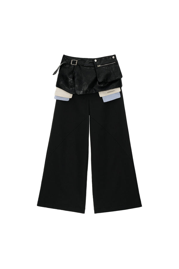 Matte Leather Waistband Wide-Leg Pants