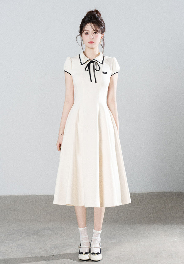 French Style Puff Sleeve Cinched Waist Dress