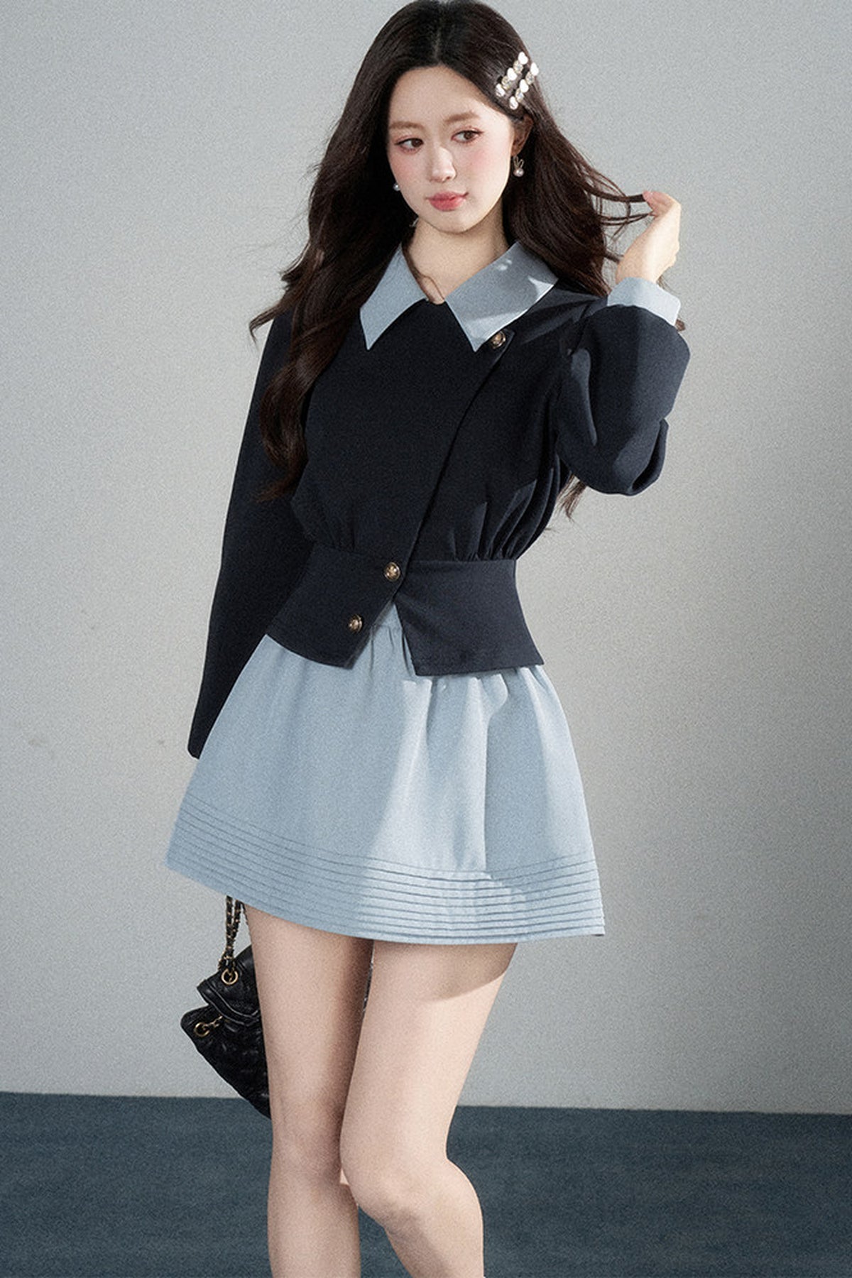Color-Blocked Lapel Knit Top and Skirt Set-Up