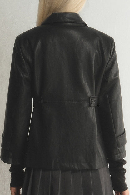Black Double-Breasted PU Leather Top and Skirt Set-Up