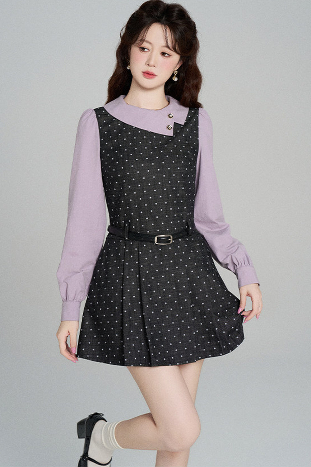 Black Purple Polka Dot Long Sleeve Dress