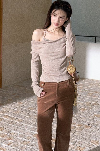 High-Waisted Corduroy Flared Belt Loops Pants