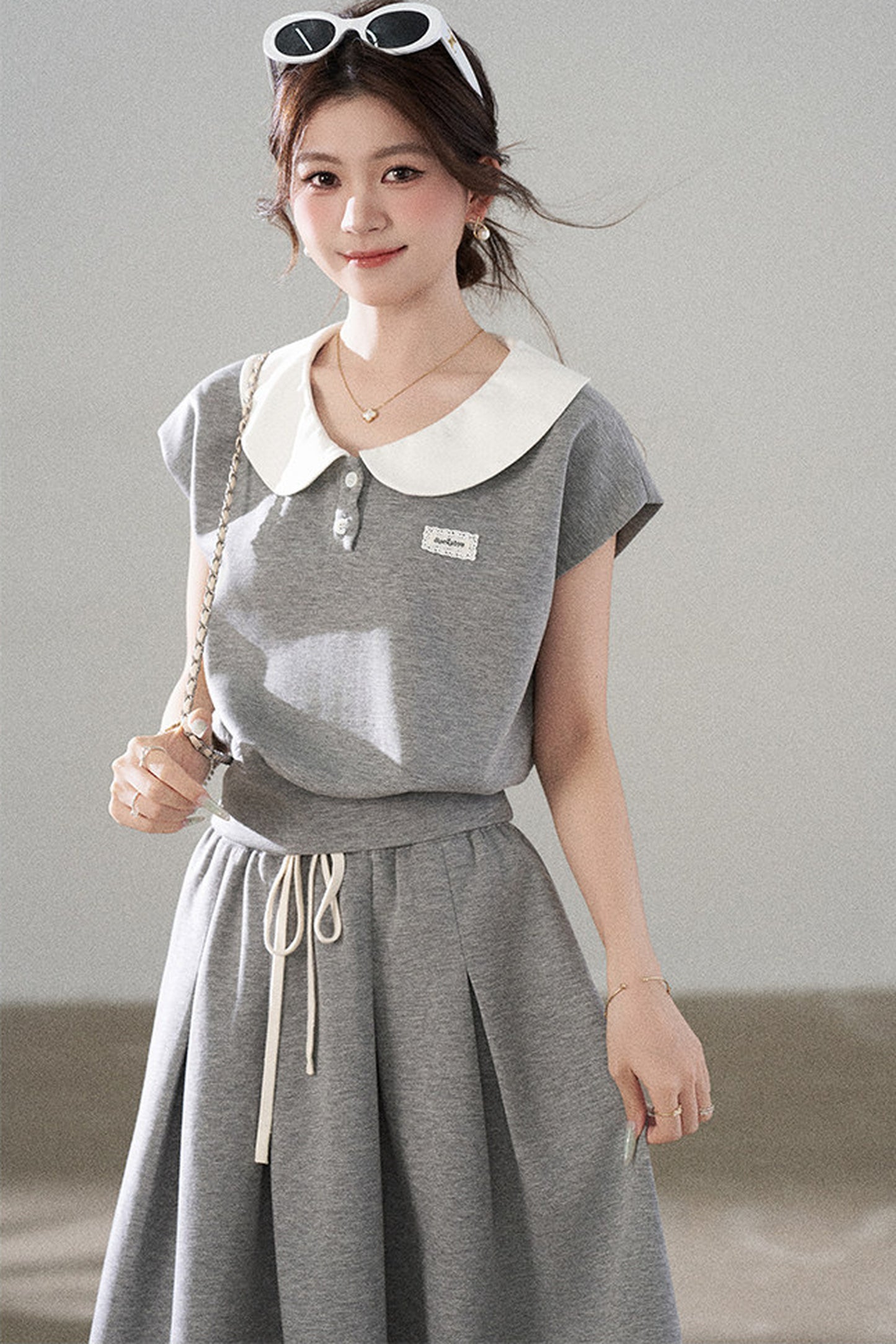 Gray Doll Collar Short-Sleeve Top and Skirt Set-Up