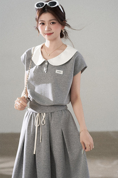 Gray Doll Collar Short-Sleeve Top and Skirt Set-Up