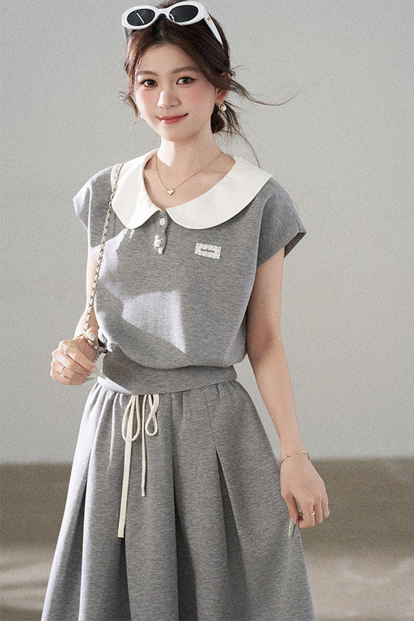 Gray Doll Collar Short-Sleeve Top and Skirt Set-Up