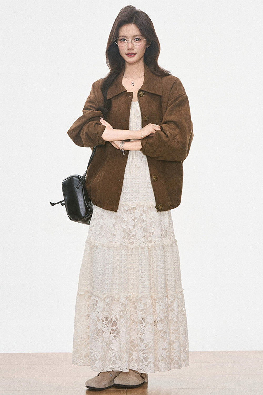 Brown Suede Jacket and Lace Dress Set-Up